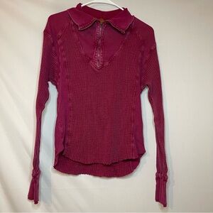 Free People Ashton Half Zip Waffle Knit Thermal Pullover Mulberry Cozy Boho S